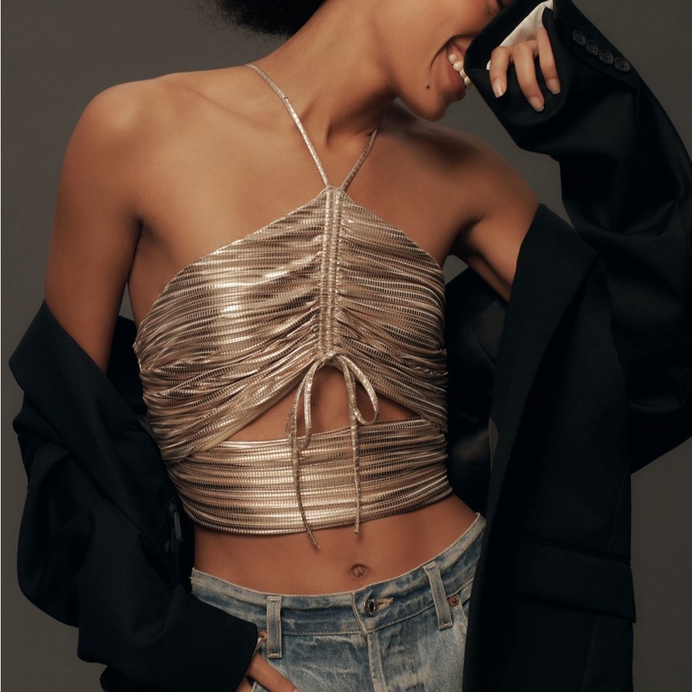 Anthropologie Metallic Crop Halter Top